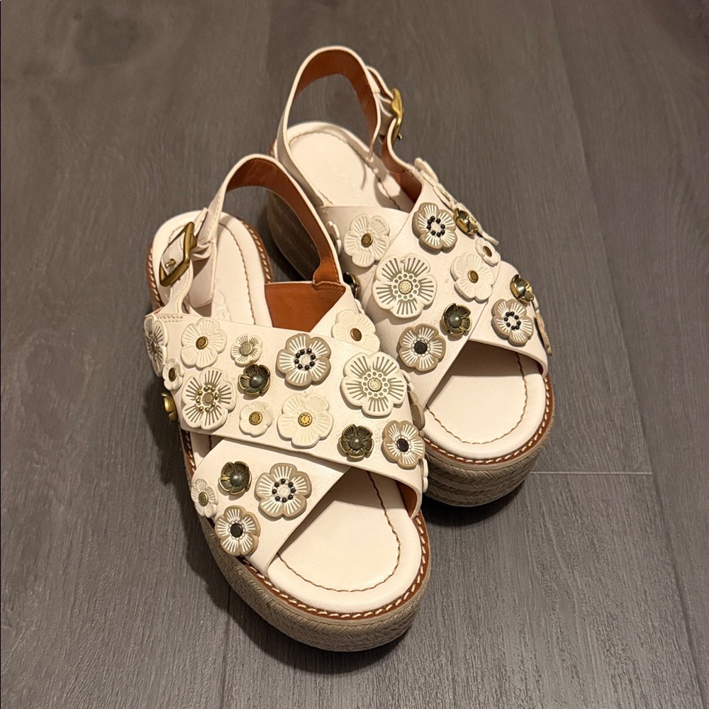 Coach Cream Floral Appliqué Platform Slingback Sandals